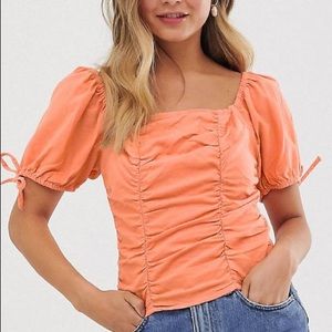 ASOS orange puff sleeve ruched top